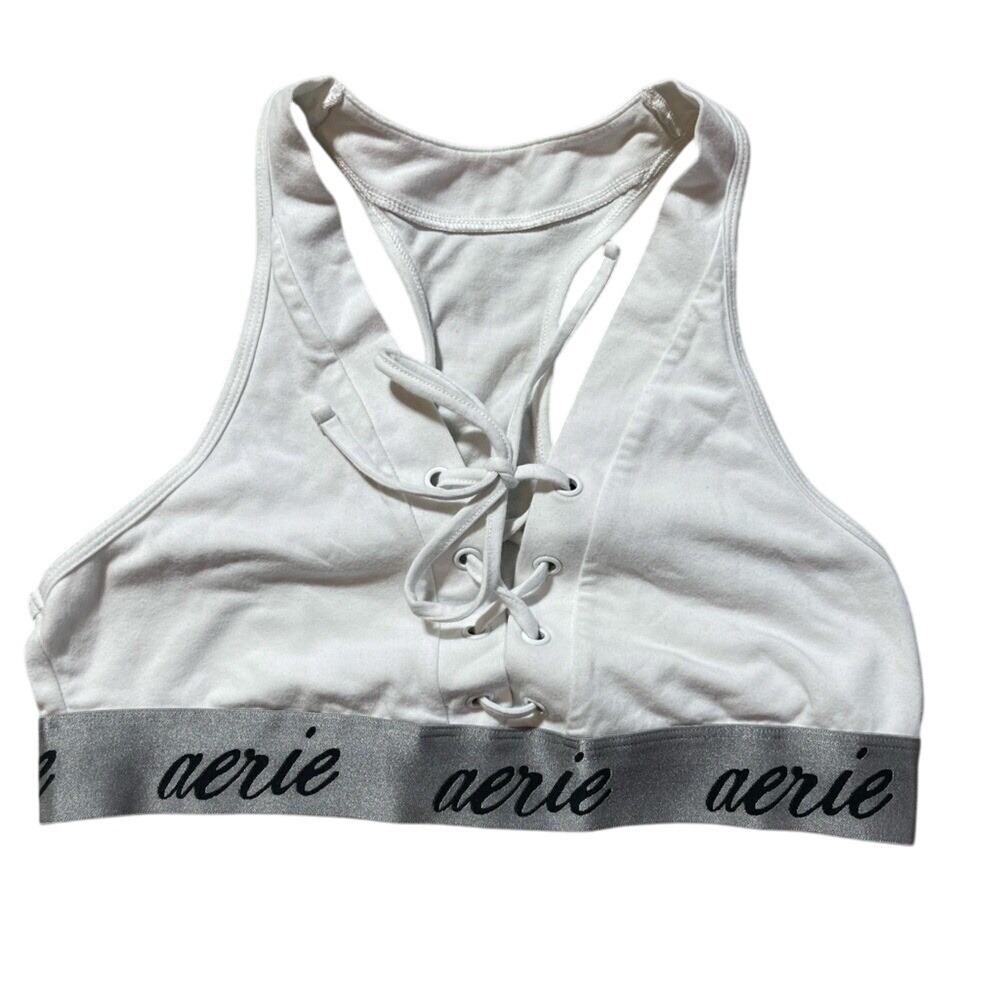 Aerie Women's White Gray Tie Front Sports Bra Size Medium Racerback Logo Band